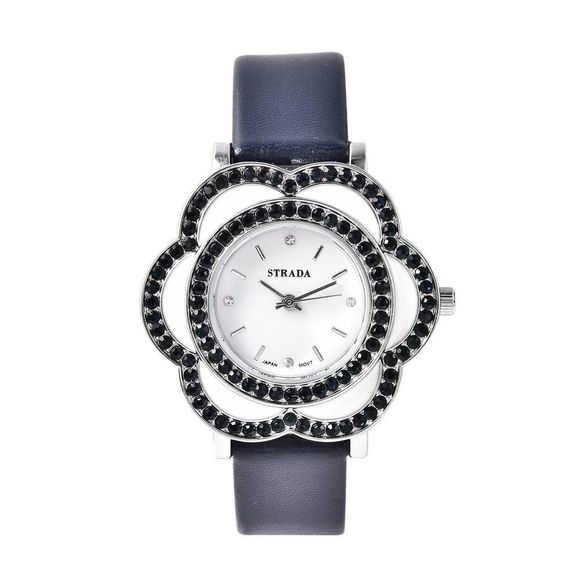 STRADA Diamond Crystal Enameled Watch with Blue Faux Leather Strap - Picture 1 of 4